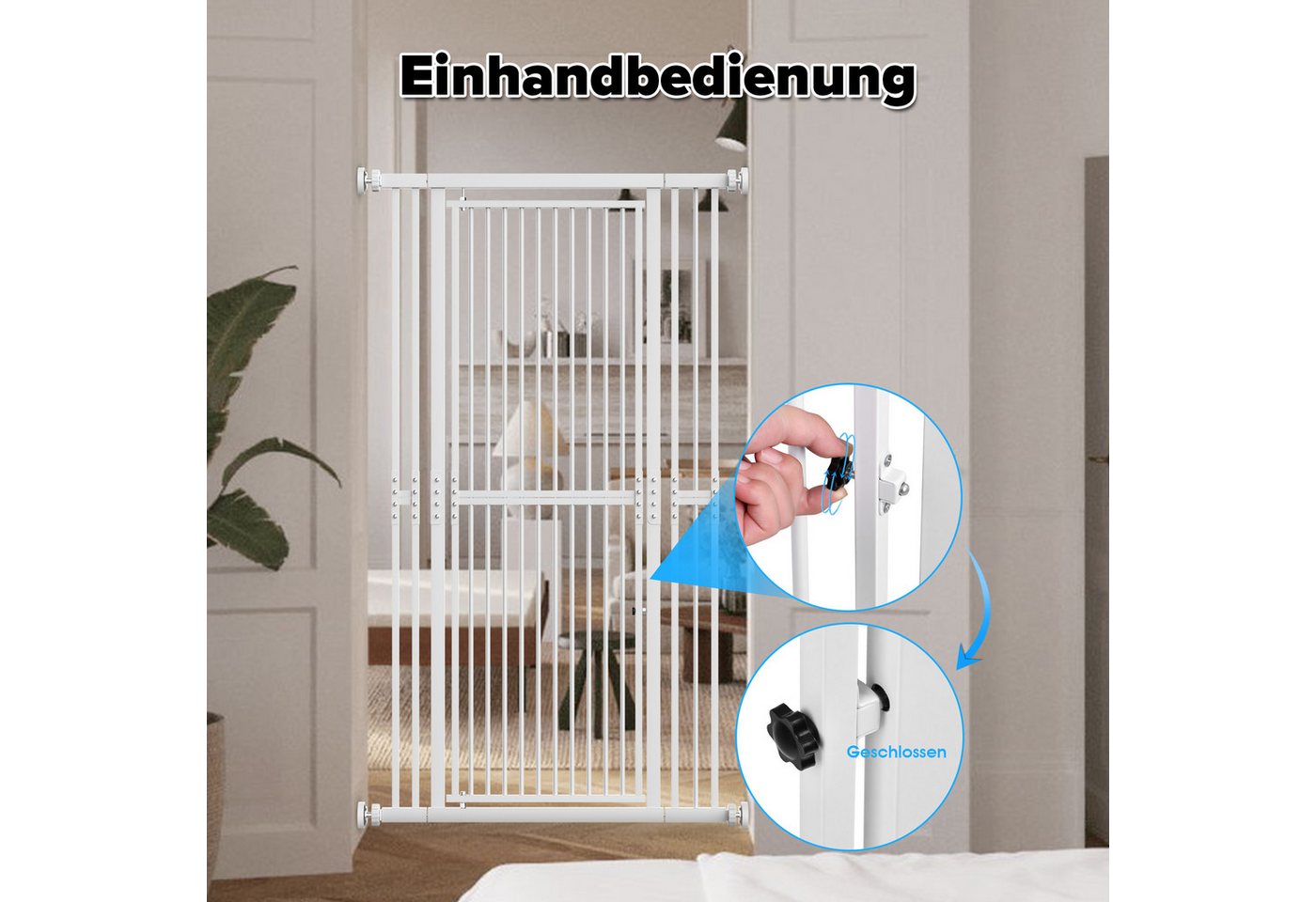Hausright Treppenschutzgitter Katzengitter Extra hoch 180 cm, 75–105 cm verstellbar, für Katzen, Ohne Bohren montierbar, 180° Türöffnung, 3,5 cm Gitterabstand