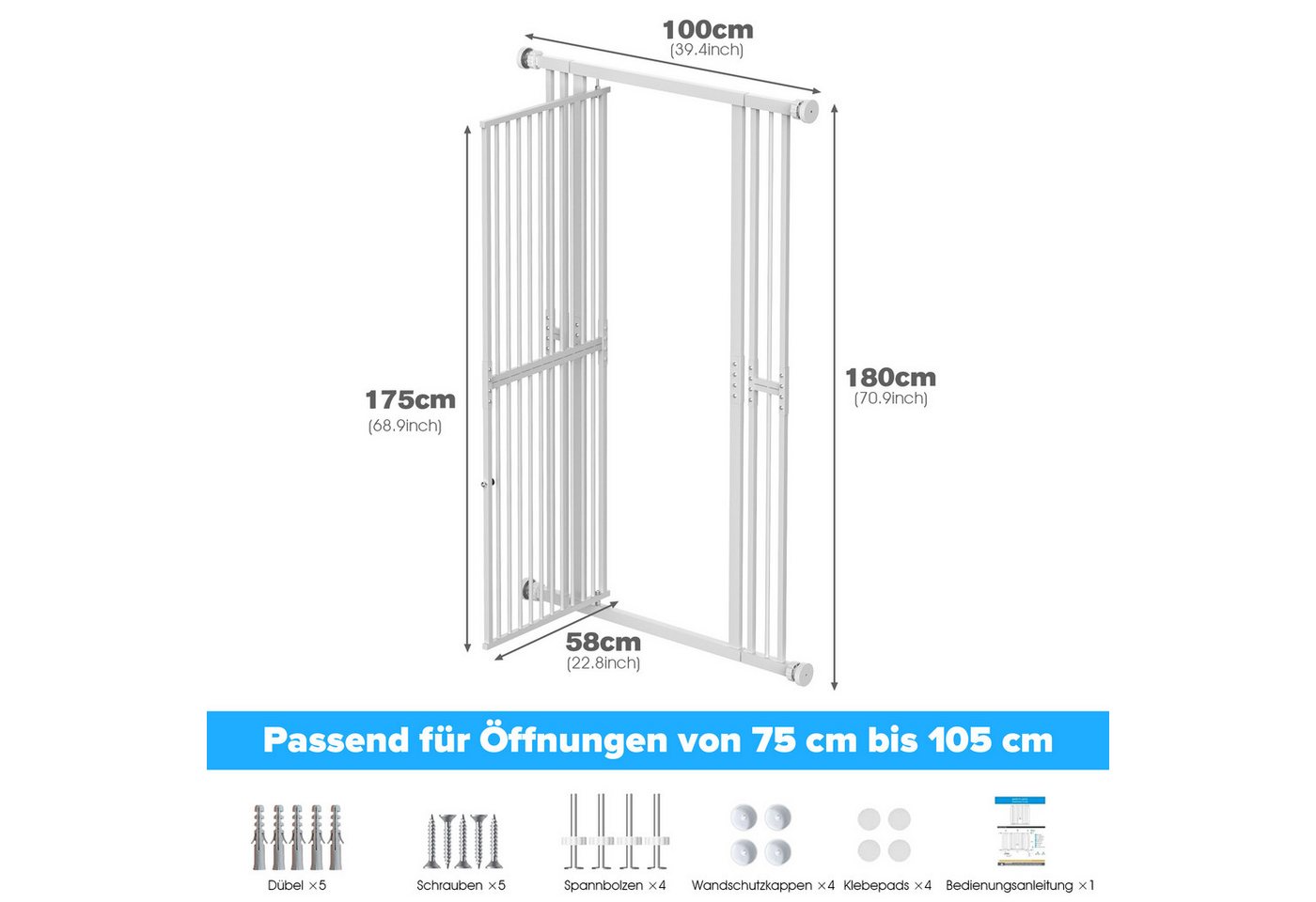 Hausright Treppenschutzgitter Katzengitter Extra hoch 180 cm, 75–105 cm verstellbar, für Katzen, Ohne Bohren montierbar, 180° Türöffnung, 3,5 cm Gitterabstand Bild 3