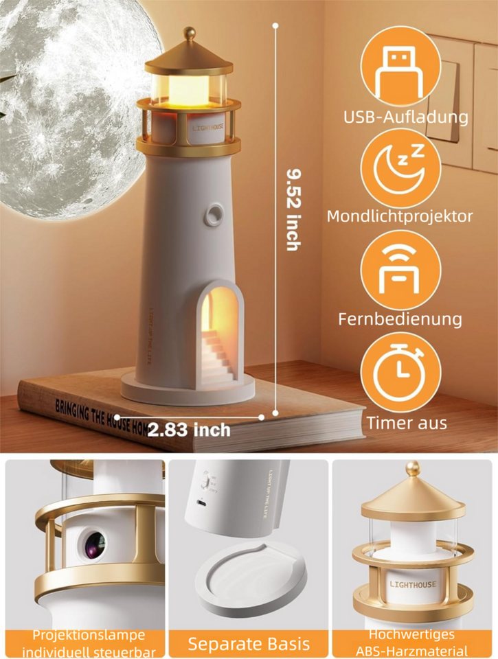 VEKROBOT Nachtlicht Leuchtturm Projektor Bluetooth Fernbedienung Nachtlicht Stimmungslicht, Mondlicht-Projektionslampe – Leuchtturm-Design