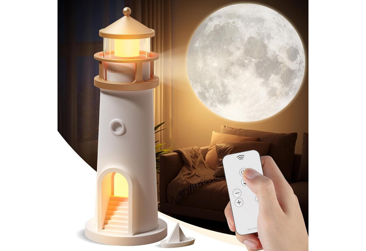 VEKROBOT Nachtlicht Leuchtturm Projektor Bluetooth Fernbedienung Nachtlicht Stimmungslicht, Mondlicht-Projektionslampe – Leuchtturm-Design Bild 3