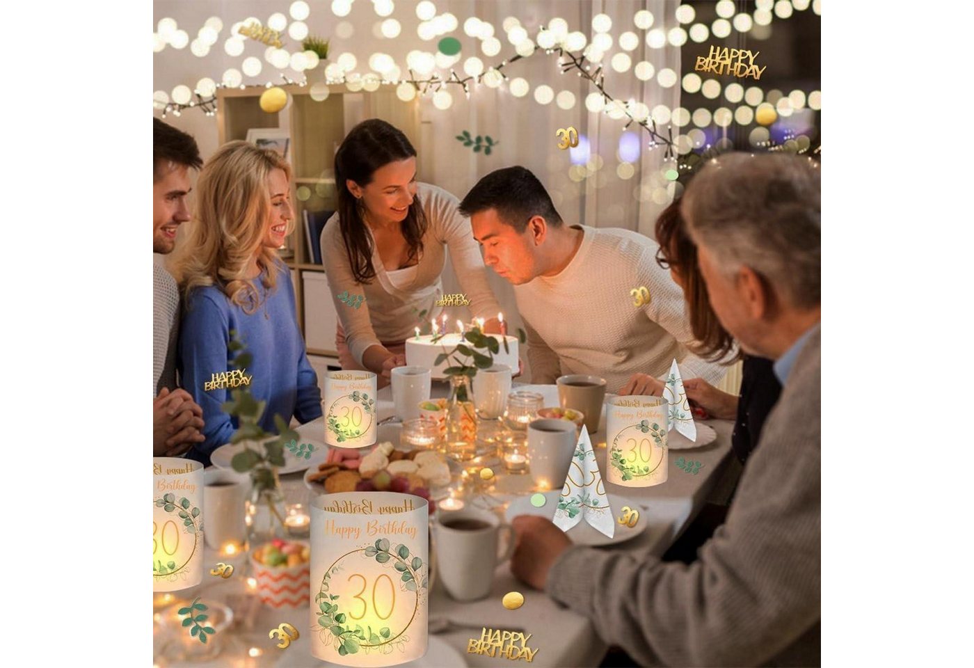 LuxusKollektion Tischläufer 30 Geburtstag Deko Set Grün Servietten Windlicht Konfetti Eukalyptus Bild 4