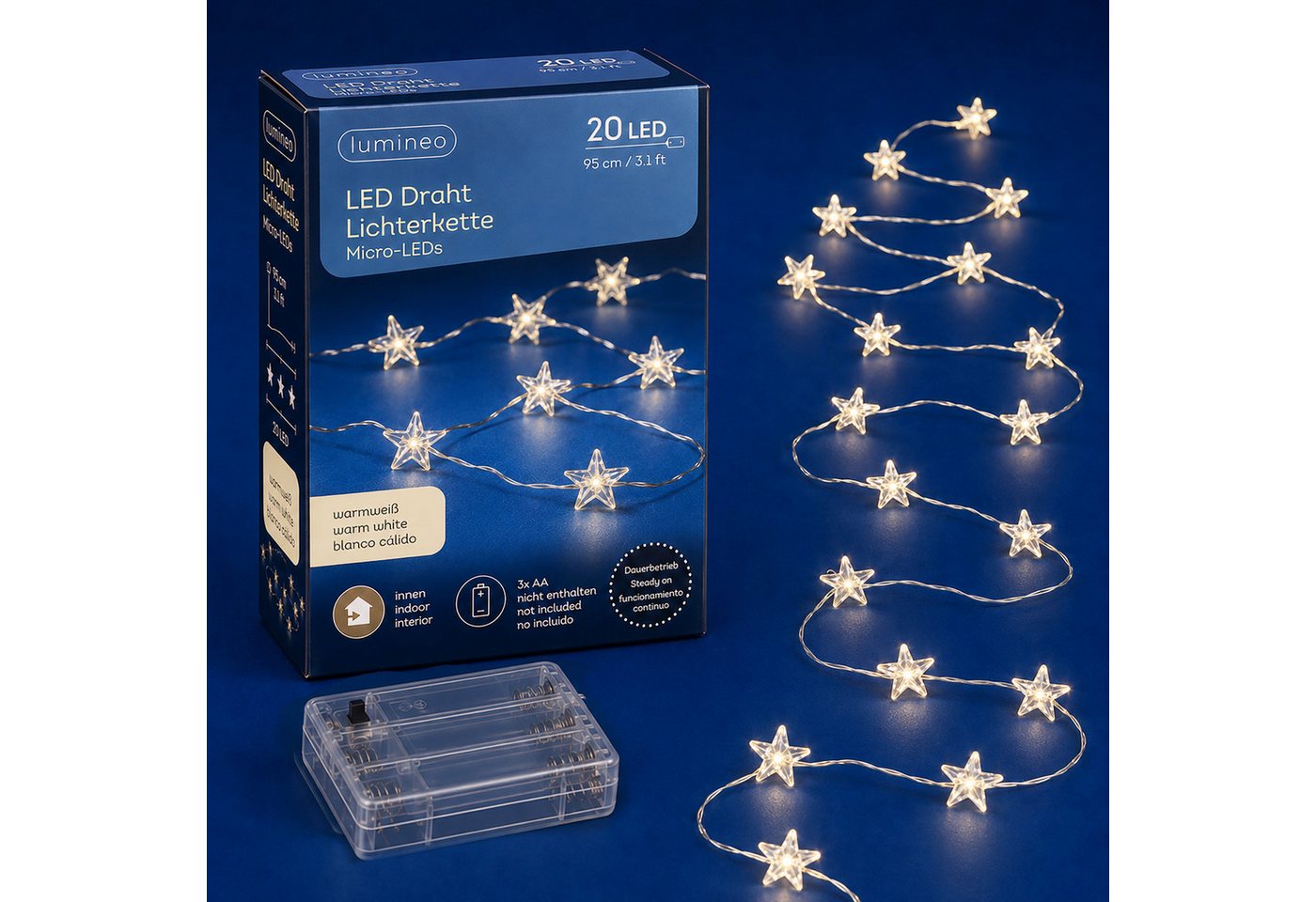 Lumineo LED-Lichterkette, LED Draht Lichterkette 95cm mit Sternen 20 Micro-LEDs Warmweiß Silber Bild 2