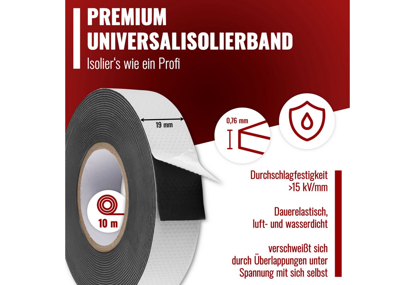 Poppstar Dichtband Premium selbstverschweißendes Isolierband bis zu 69kV (1-St) universales Dichtungsband für Elektro, Luft & Wasser Bild 2