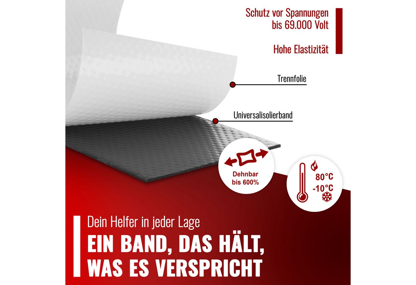 Poppstar Dichtband Premium selbstverschweißendes Isolierband bis zu 69kV (1-St) universales Dichtungsband für Elektro, Luft & Wasser Bild 5