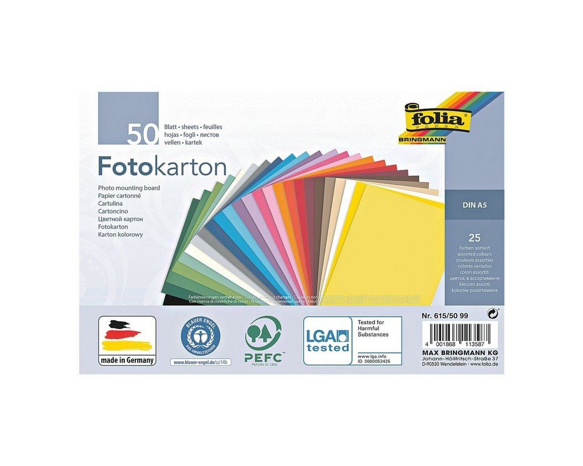 Folia Bastelkartonpapier, Fotokarton 25 Farben, A5, 300 g/m², 50 Blatt