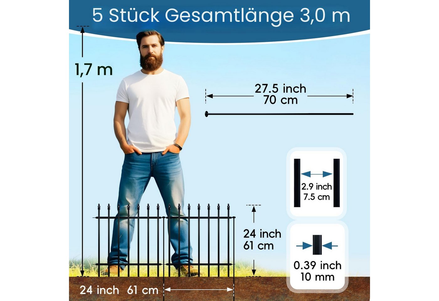 Thealyn Gartenzaun 5 Paneele, 60 cm hoch, Schwarz, 3 m, (1-St), Lässt sich mühelos in geraden Linien, Winkeln oder Kurven anordnen. Bild 2
