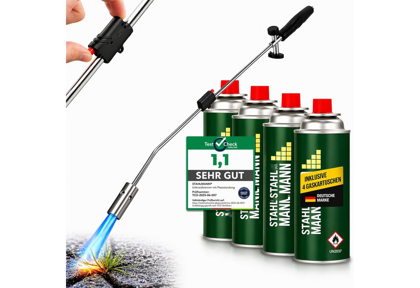 STAHLMANN COMMERCE GmbH Unkrautbrenner Unkrautbrenner [1300 °C] Abflammgerät inkl. 4 Butan-Kartuschen, 1300 °C maximal, (Spar-Set), 1.300 °C · Piezozündung · Edelstahl · 4 Kartuschen · chemiefrei Bild 2