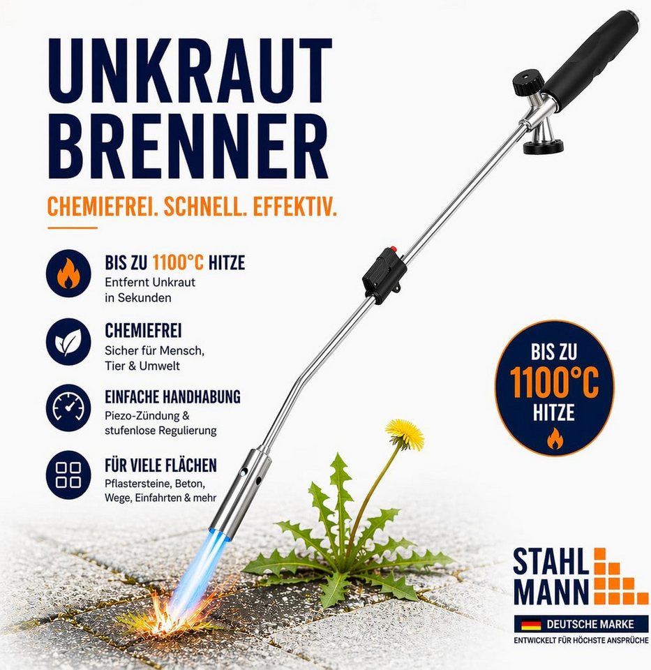 STAHLMANN COMMERCE GmbH Unkrautbrenner Unkrautbrenner [1300 °C] Abflammgerät inkl. 4 Butan-Kartuschen, 1300 °C maximal, (Spar-Set), 1.300 °C · Piezozündung · Edelstahl · 4 Kartuschen · chemiefrei Bild 3