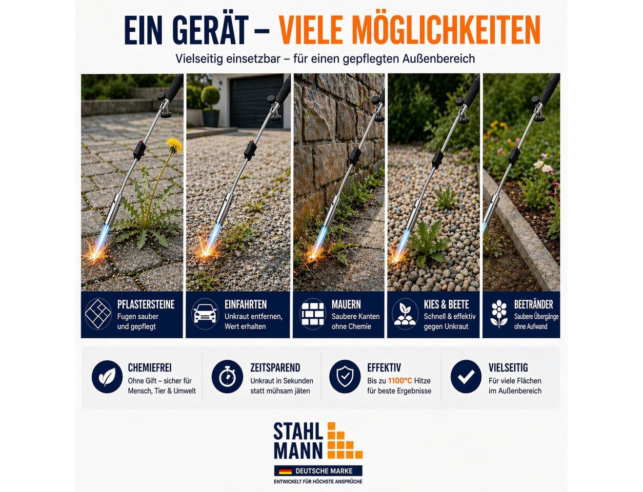 STAHLMANN COMMERCE GmbH Unkrautbrenner Unkrautbrenner [1300 °C] Abflammgerät inkl. 4 Butan-Kartuschen, 1300 °C maximal, (Spar-Set), 1.300 °C · Piezozündung · Edelstahl · 4 Kartuschen · chemiefrei Bild 4