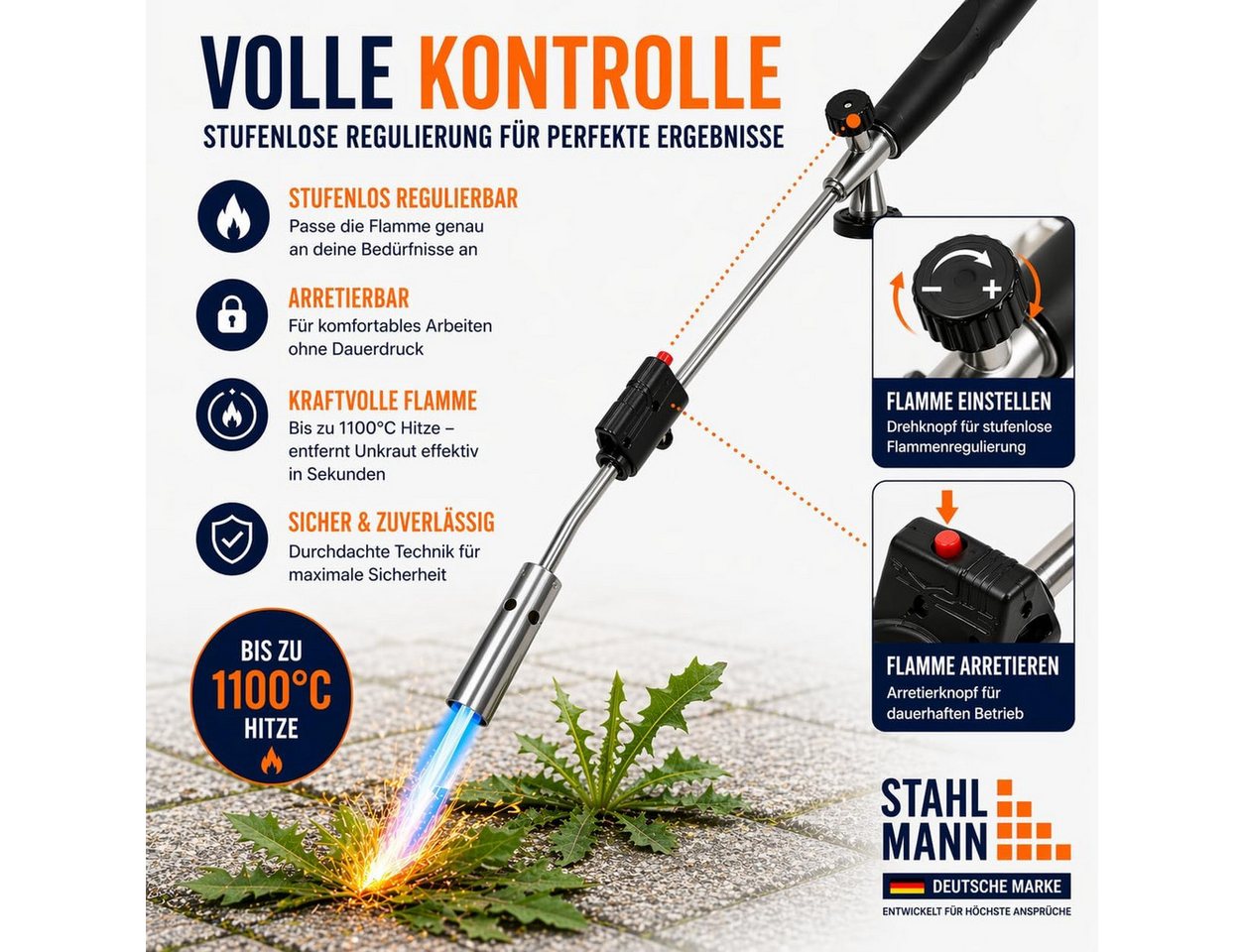 STAHLMANN COMMERCE GmbH Unkrautbrenner Unkrautbrenner [1300 °C] Abflammgerät inkl. 4 Butan-Kartuschen, 1300 °C maximal, (Spar-Set), 1.300 °C · Piezozündung · Edelstahl · 4 Kartuschen · chemiefrei Bild 5