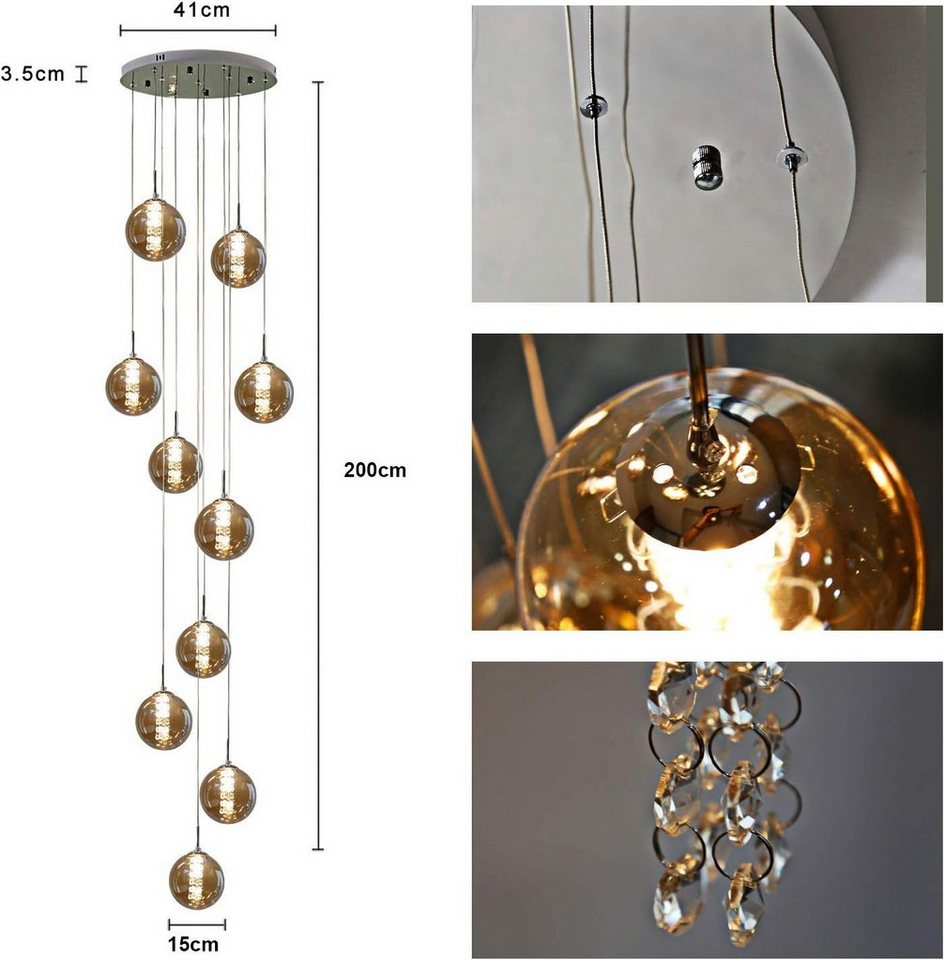 ZMH Pendelleuchte 1/3/4/6/10-flammig, Hängelampe mit Glaskugeln Ø 15 cm,G9 LED, Glaskugel Hochwertige Design, LED wechselbar, 80–200 cm höhenverstellbar Bild 2