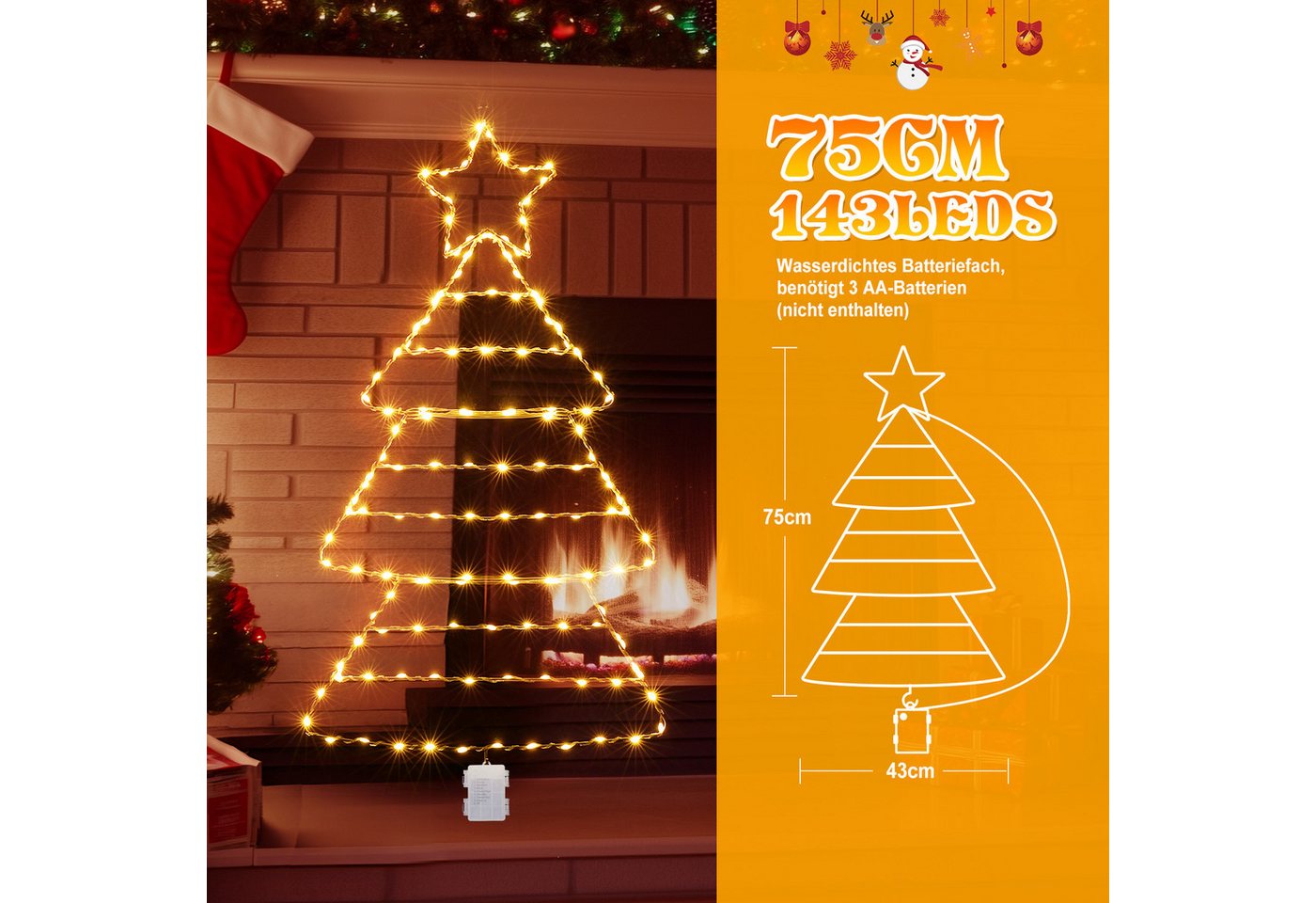 Quntis LED-Lichterkette LED Dekolicht Weihnachtsbaum Weihnachtsdeko 75 x 43CM mit 143/110 LEDs, Weihnachtsbeleuchtung Fenster für Innen/Außen, Timer Speicherfunktion Bild 4