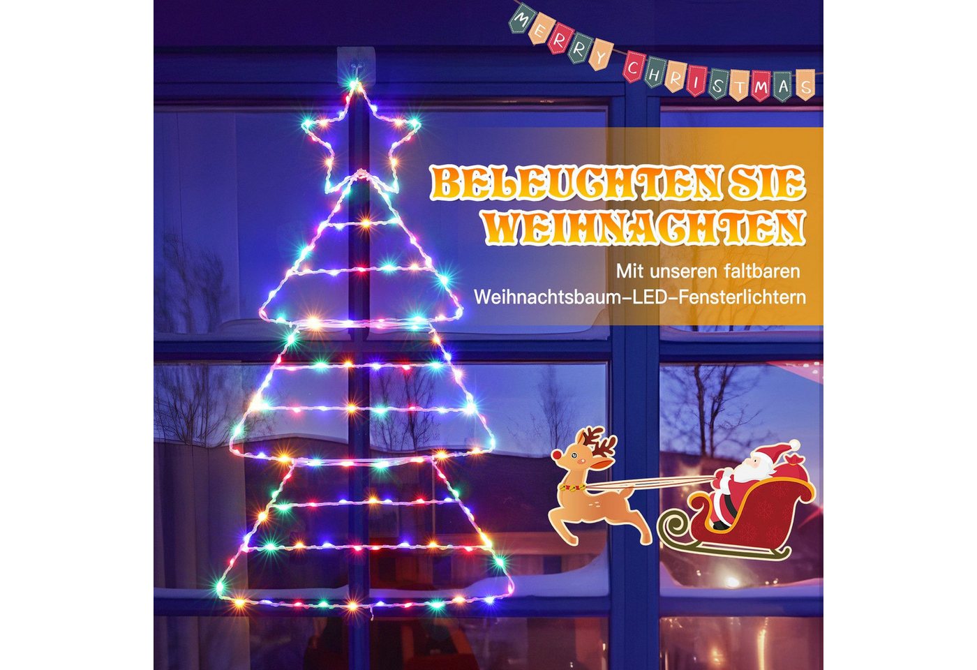 Quntis LED-Lichterkette LED Dekolicht Weihnachtsbaum Weihnachtsdeko 75 x 43CM mit 143/110 LEDs, Weihnachtsbeleuchtung Fenster für Innen/Außen, Timer Speicherfunktion Bild 5