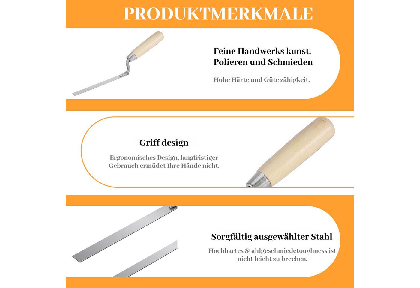 BlingBin Fugenspachtel 6-teiliges Fingerkellen-Set mit Fugenbrett aus Edelstahl 6–14 mm (6er Set, 6-St., Breiten 6/8/10/12/14 mm) Werkzeug für das Ausbessern von Mauerfugen