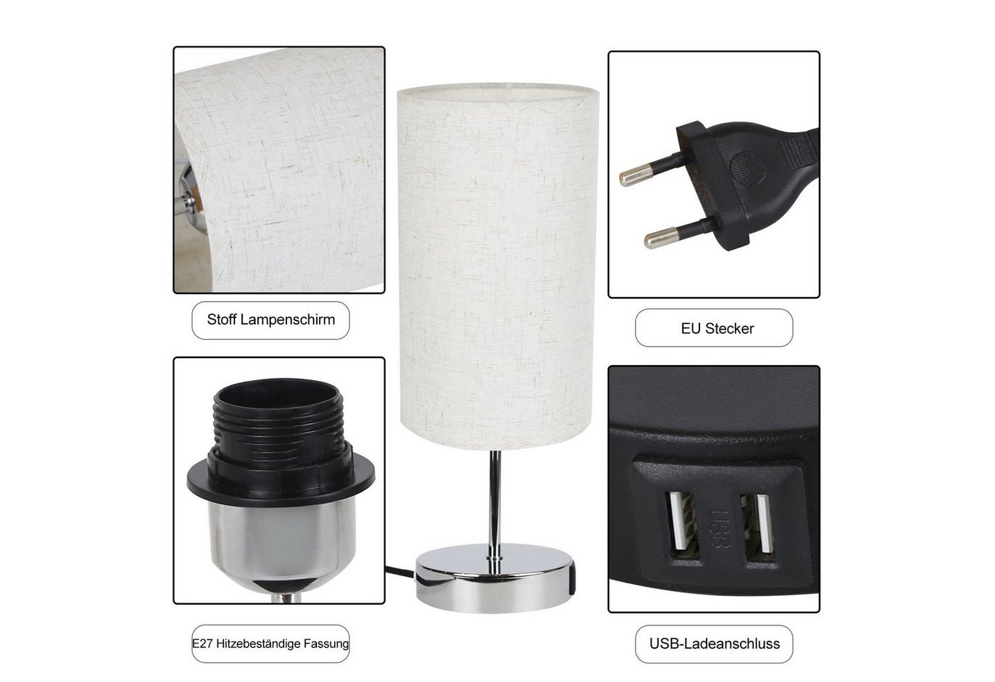 Nettlife Nachttischlampe Touch Dimmbar Warmweiße Tischleuchte für Schlafzimmer Stufenlosem, mit Ladefunktion USB, LED wechselbar, Warmweiß, für Schlafzimmer kinderzimmer Bedside