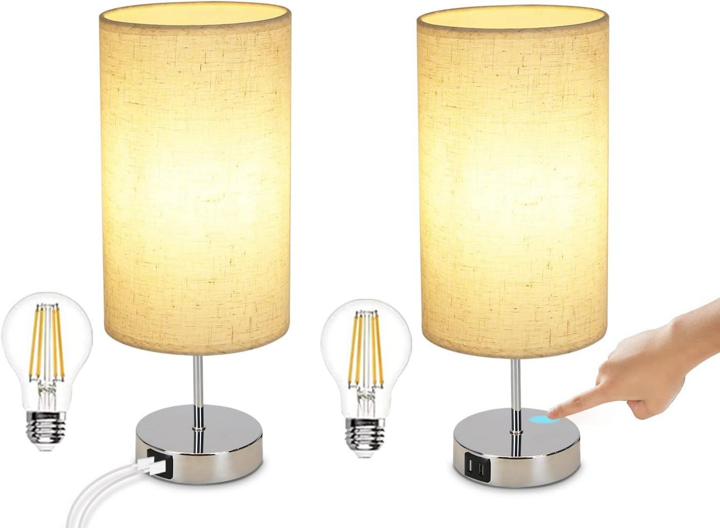 Nettlife Nachttischlampe Touch Dimmbar Warmweiße Tischleuchte für Schlafzimmer Stufenlosem, mit Ladefunktion USB, LED wechselbar, Warmweiß, für Schlafzimmer kinderzimmer Bedside Bild 2