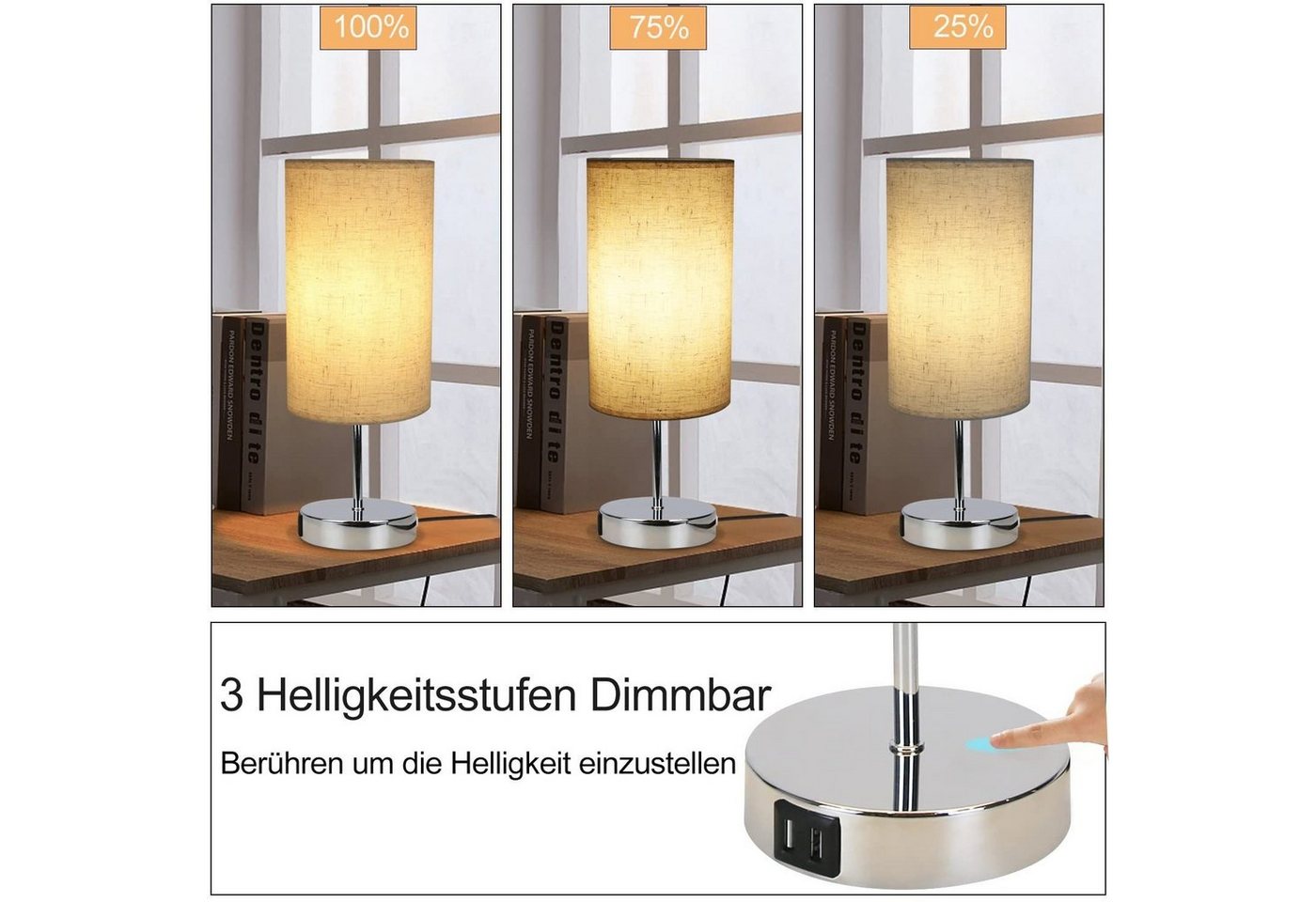 Nettlife Nachttischlampe Touch Dimmbar Warmweiße Tischleuchte für Schlafzimmer Stufenlosem, mit Ladefunktion USB, LED wechselbar, Warmweiß, für Schlafzimmer kinderzimmer Bedside Bild 4