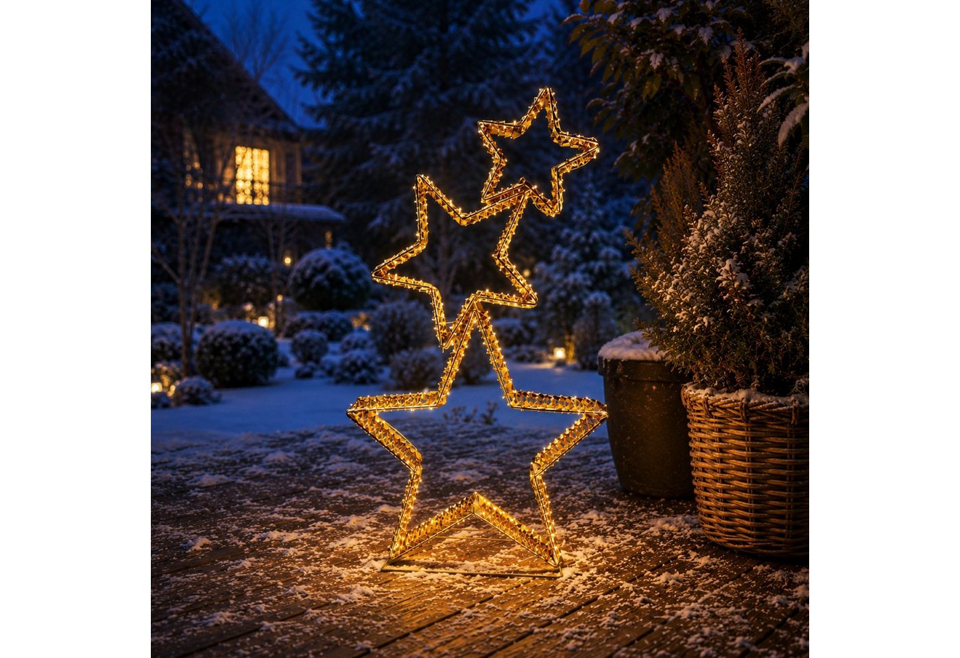 Online-Fuchs LED Dekolicht 3 LED Weihnachtssterne mit Folieneffekt & Timer - Outdoor geeignet, ruhiges Leuchten oder Flasheffect wählbar, 350 warmweiße LEDs, stabiler Stand dank mitgelieferter Heringe