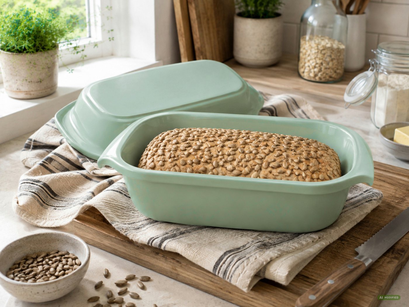 KERAZO Brotbackform 3,5L Keramik Bräter mit Deckel Brottopf Auflaufform 33x16x14cm, grün, Für knuspriges Brot und saftige Ofengerichte Bild 4