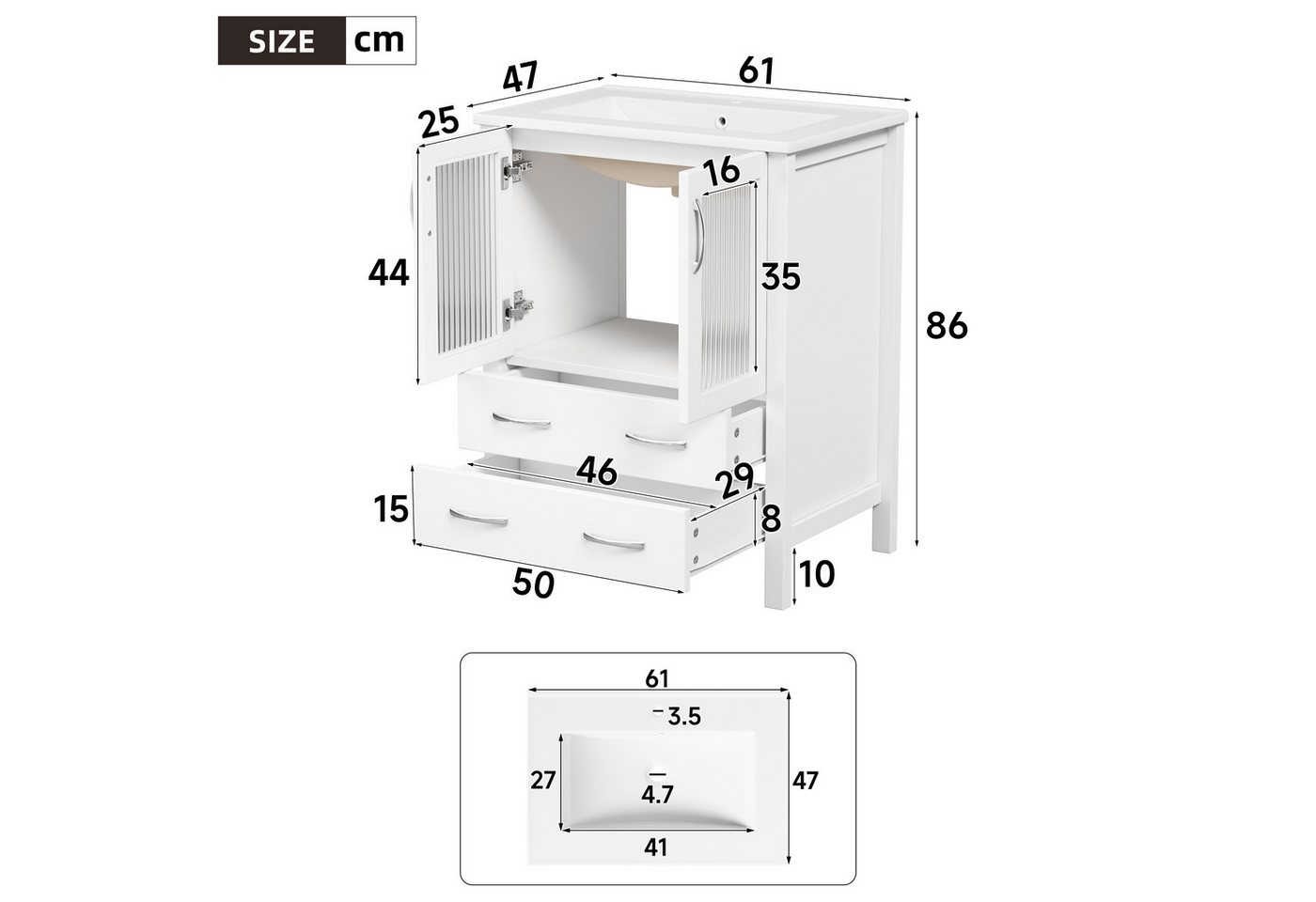 Flieks Waschtisch mit Glastüren & Schubladen, Waschbeckenunterschrank mit Waschbecken (B61/T47/H86 cm, 1-St., Badschrank mit silbernen Metallgriffen), bodenstehend Badezimmerschrank mit Keramikbecken Badmöbel Weiß