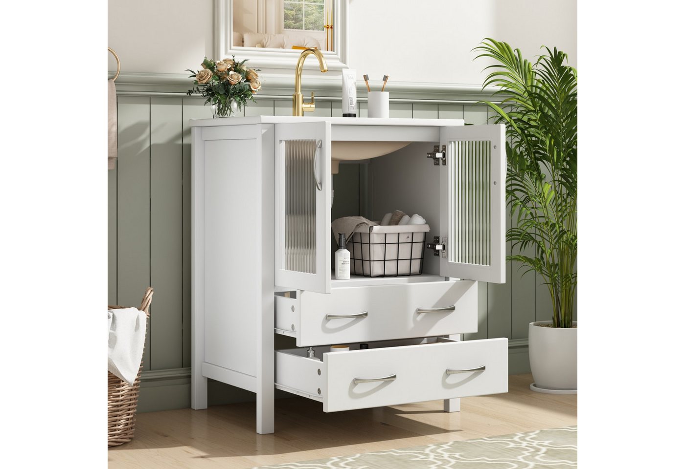 Flieks Waschtisch mit Glastüren & Schubladen, Waschbeckenunterschrank mit Waschbecken (B61/T47/H86 cm, 1-St., Badschrank mit silbernen Metallgriffen), bodenstehend Badezimmerschrank mit Keramikbecken Badmöbel Weiß Bild 2