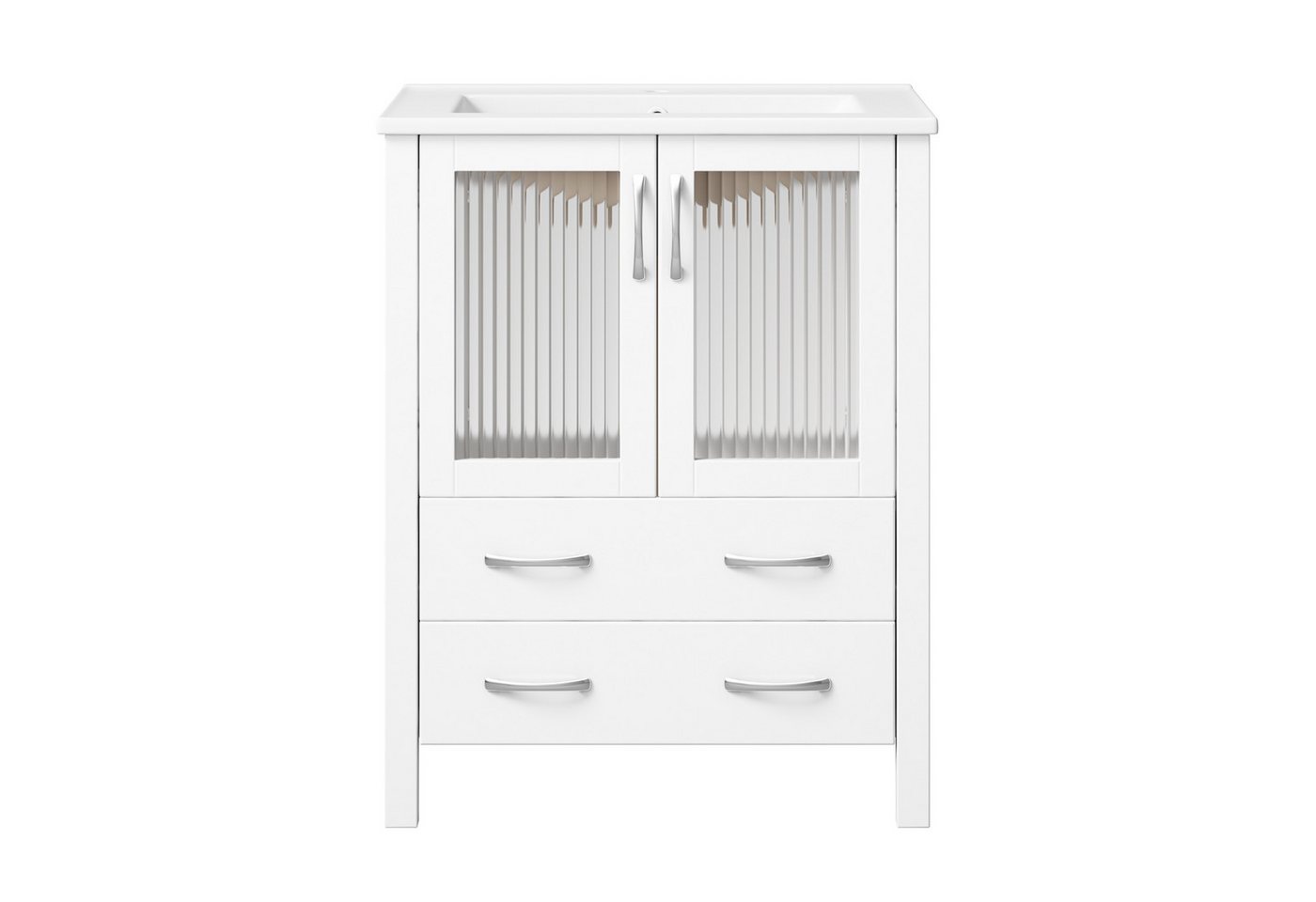 Flieks Waschtisch mit Glastüren & Schubladen, Waschbeckenunterschrank mit Waschbecken (B61/T47/H86 cm, 1-St., Badschrank mit silbernen Metallgriffen), bodenstehend Badezimmerschrank mit Keramikbecken Badmöbel Weiß Bild 3