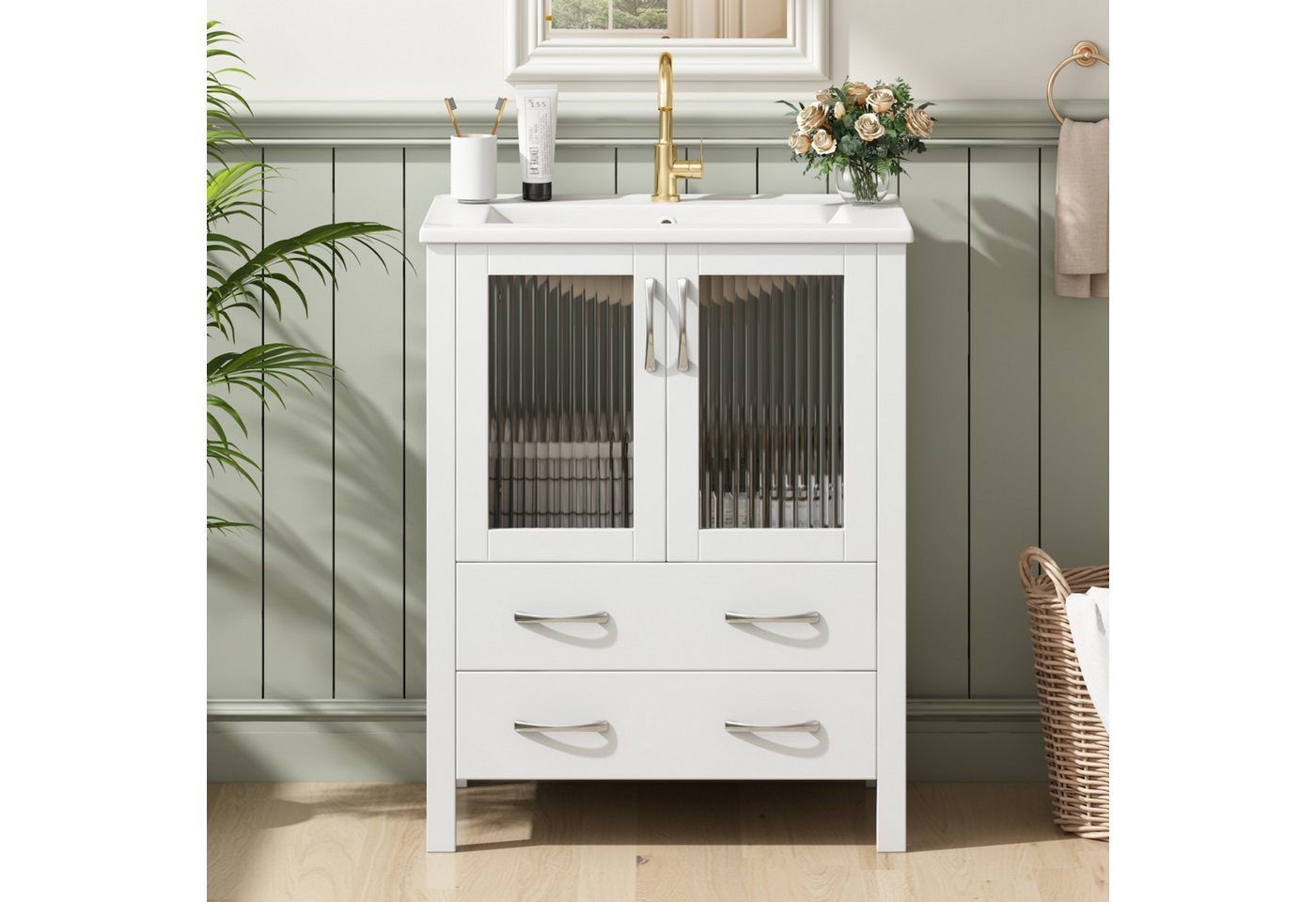 Flieks Waschtisch mit Glastüren & Schubladen, Waschbeckenunterschrank mit Waschbecken (B61/T47/H86 cm, 1-St., Badschrank mit silbernen Metallgriffen), bodenstehend Badezimmerschrank mit Keramikbecken Badmöbel Weiß Bild 4