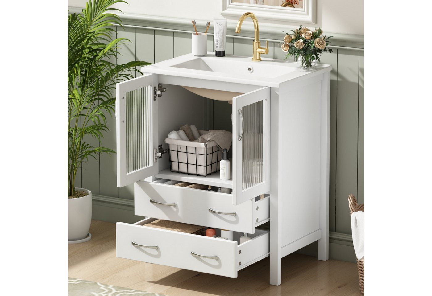 Flieks Waschtisch mit Glastüren & Schubladen, Waschbeckenunterschrank mit Waschbecken (B61/T47/H86 cm, 1-St., Badschrank mit silbernen Metallgriffen), bodenstehend Badezimmerschrank mit Keramikbecken Badmöbel Weiß Bild 5