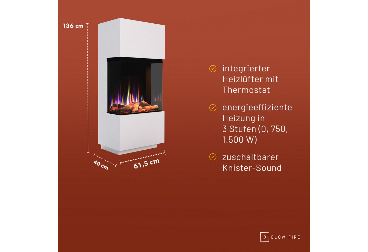 GLOW FIRE Elektrokamin PR11 E-Motion 3D, Elektrischer Kamin mit 3D Feuer mit Heizung, täuschend echte Flamme mit Heizung, 3 Dekorationen Bild 2