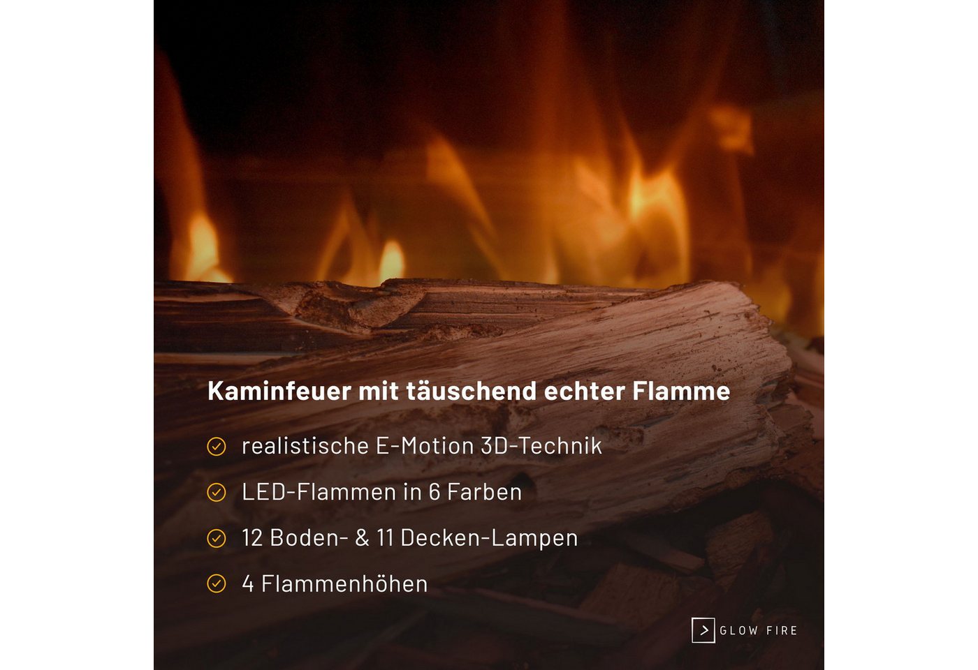 GLOW FIRE Elektrokamin PR11 E-Motion 3D, Elektrischer Kamin mit 3D Feuer mit Heizung, täuschend echte Flamme mit Heizung, 3 Dekorationen Bild 4