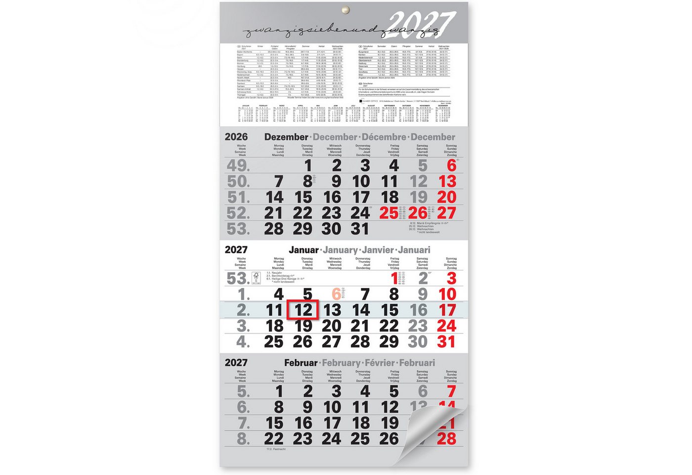 Kamber Office Wandkalender 3 Monatskalender 2027 mit Schieber Büro Kalender "Light Grey", Großer Kalender 2027, Dreimonatskalender 2027 groß mit Datumsschieber Jahreskalender-2027