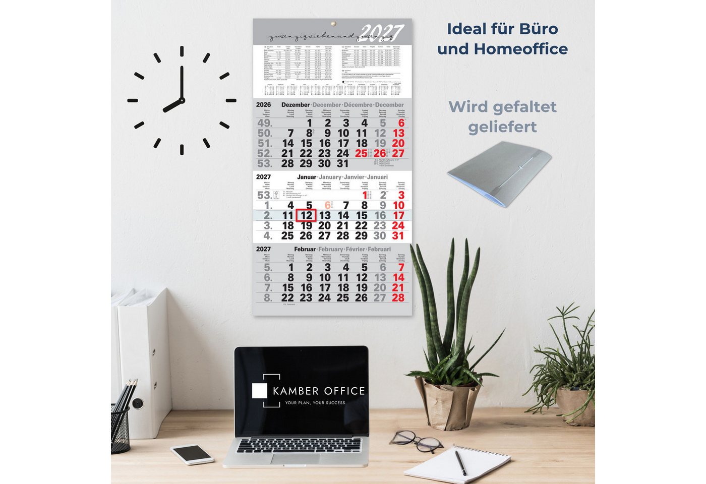Kamber Office Wandkalender 3 Monatskalender 2027 mit Schieber Büro Kalender "Light Grey", Großer Kalender 2027, Dreimonatskalender 2027 groß mit Datumsschieber Jahreskalender-2027 Bild 2