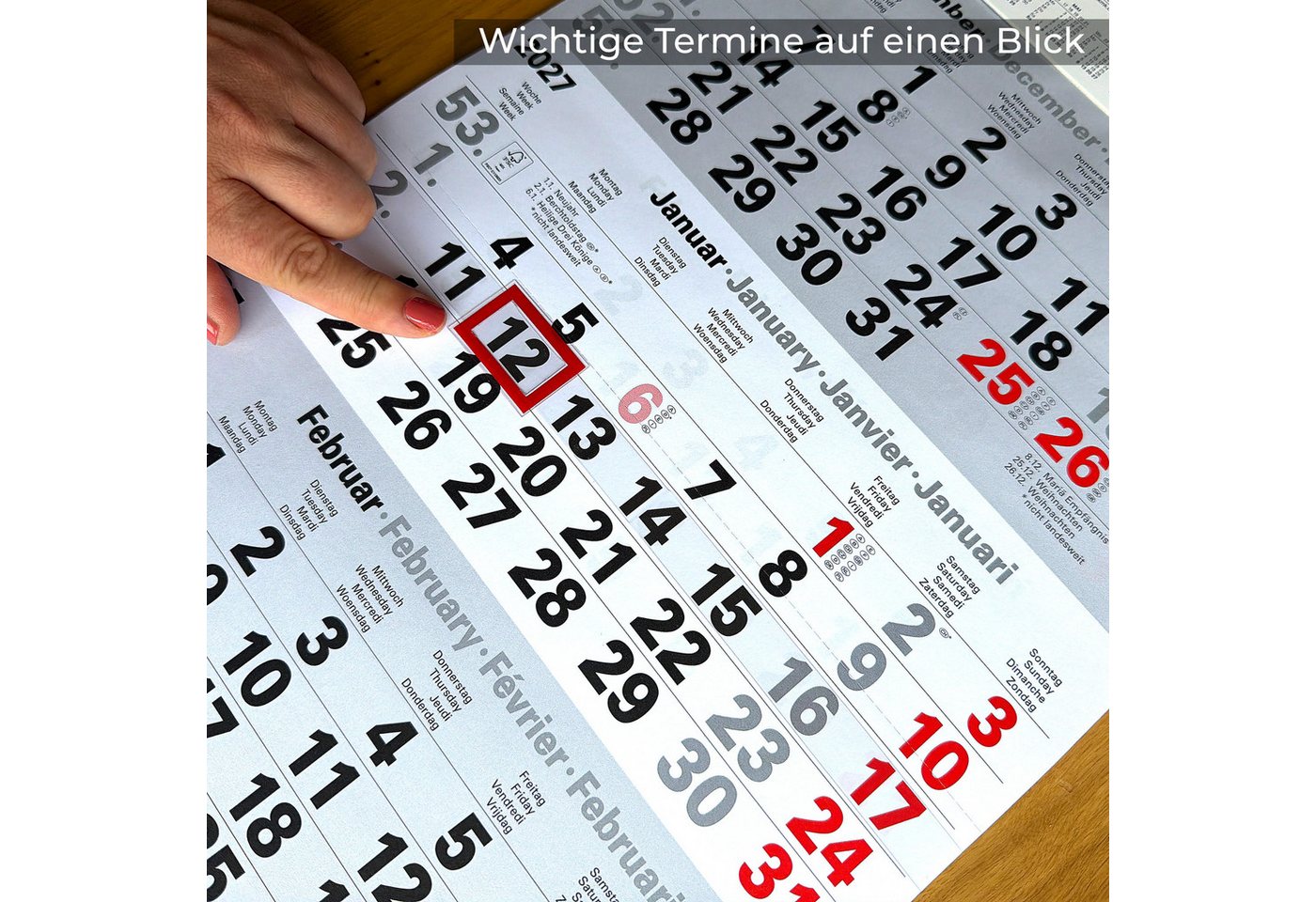 Kamber Office Wandkalender 3 Monatskalender 2027 mit Schieber Büro Kalender "Light Grey", Großer Kalender 2027, Dreimonatskalender 2027 groß mit Datumsschieber Jahreskalender-2027 Bild 3