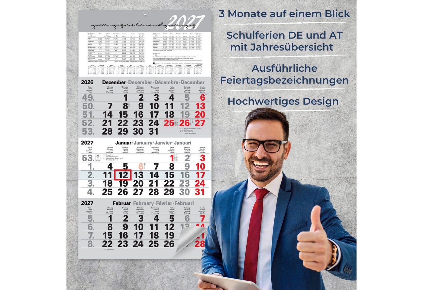 Kamber Office Wandkalender 3 Monatskalender 2027 mit Schieber Büro Kalender "Light Grey", Großer Kalender 2027, Dreimonatskalender 2027 groß mit Datumsschieber Jahreskalender-2027 Bild 4