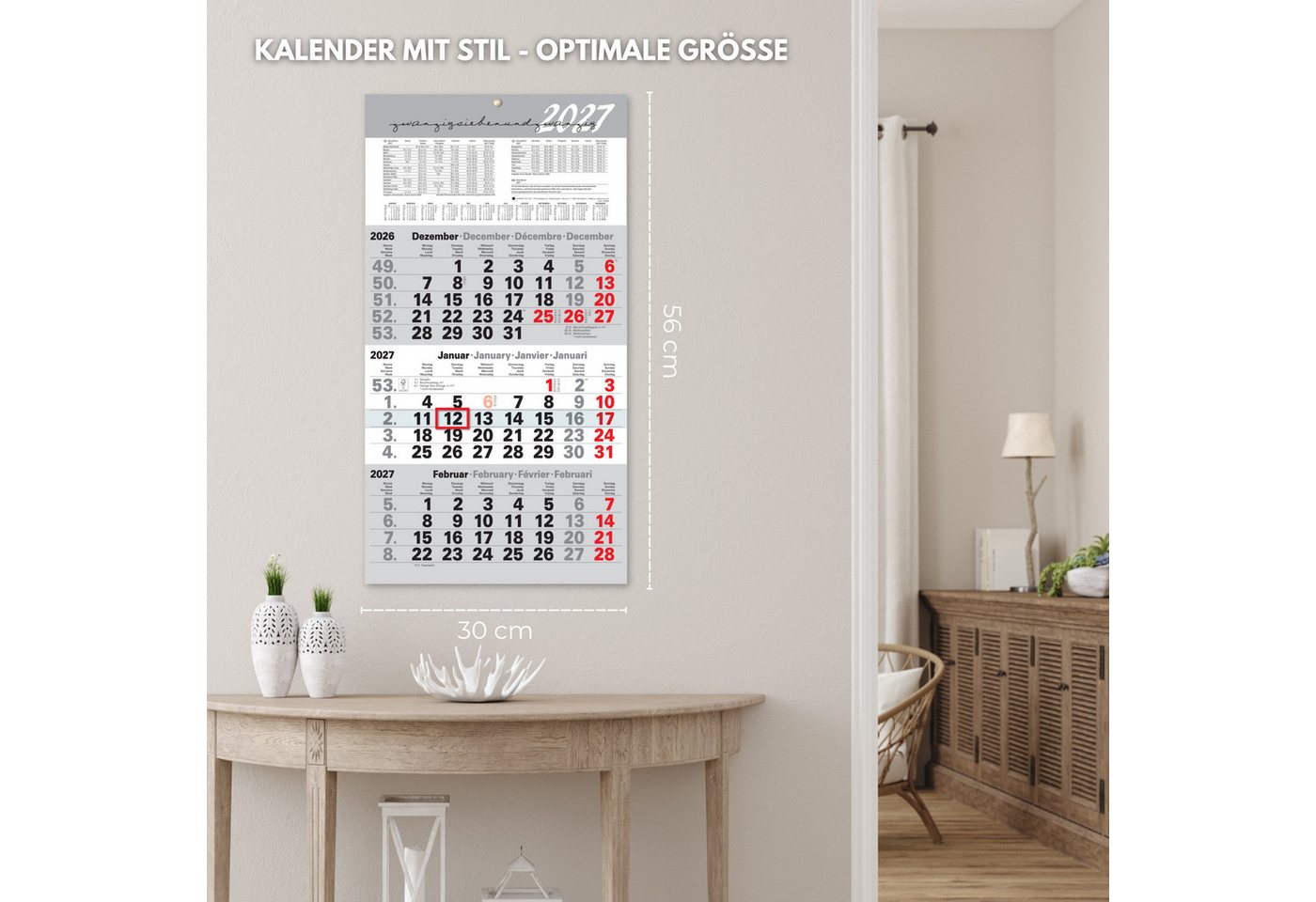Kamber Office Wandkalender 3 Monatskalender 2027 mit Schieber Büro Kalender "Light Grey", Großer Kalender 2027, Dreimonatskalender 2027 groß mit Datumsschieber Jahreskalender-2027 Bild 5