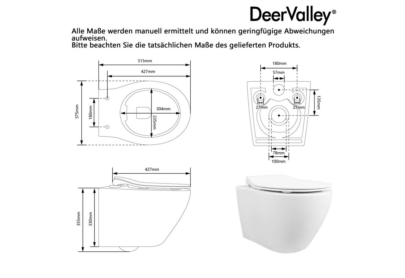 DeerValley Tiefspül-WC DeerValley Hänge WC Spülrandlos, Hänge, Packung, Wassertank nicht enthalten