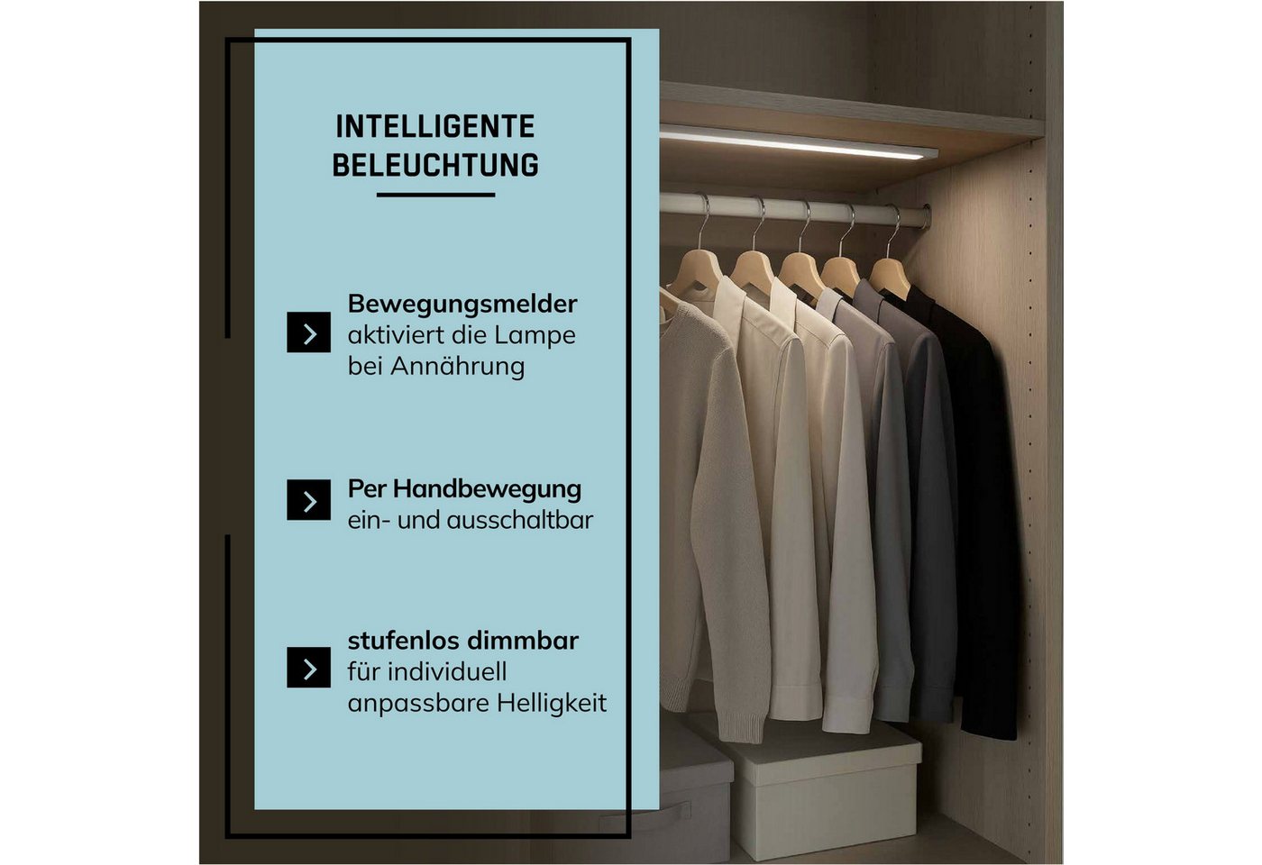 Lightbox Unterschrankleuchte, Bewegungsmelder, LED fest integriert, Neutralweiß, LED-Unterbauleuchte mit Akku, Bewegungsmelder, 60 cm, 550 lm, 4000 K
