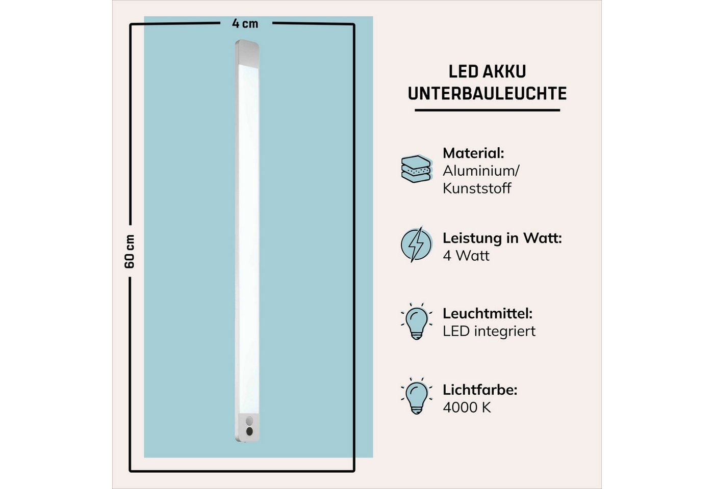 Lightbox Unterschrankleuchte, Bewegungsmelder, LED fest integriert, Neutralweiß, LED-Unterbauleuchte mit Akku, Bewegungsmelder, 60 cm, 550 lm, 4000 K Bild 2