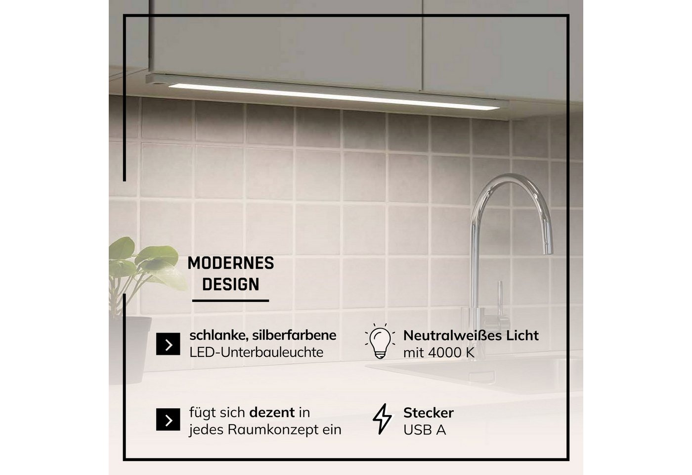 Lightbox Unterschrankleuchte, Bewegungsmelder, LED fest integriert, Neutralweiß, LED-Unterbauleuchte mit Akku, Bewegungsmelder, 60 cm, 550 lm, 4000 K Bild 4