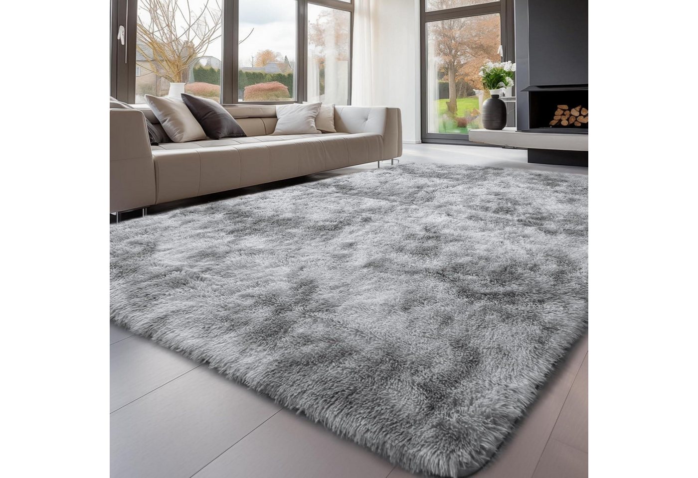 LuxusKollektion Hochflor-Teppich Teppich Hochflor Grau 160x230 Batik Hellgrau 160 x 230 cm Rechteckig Bild 5