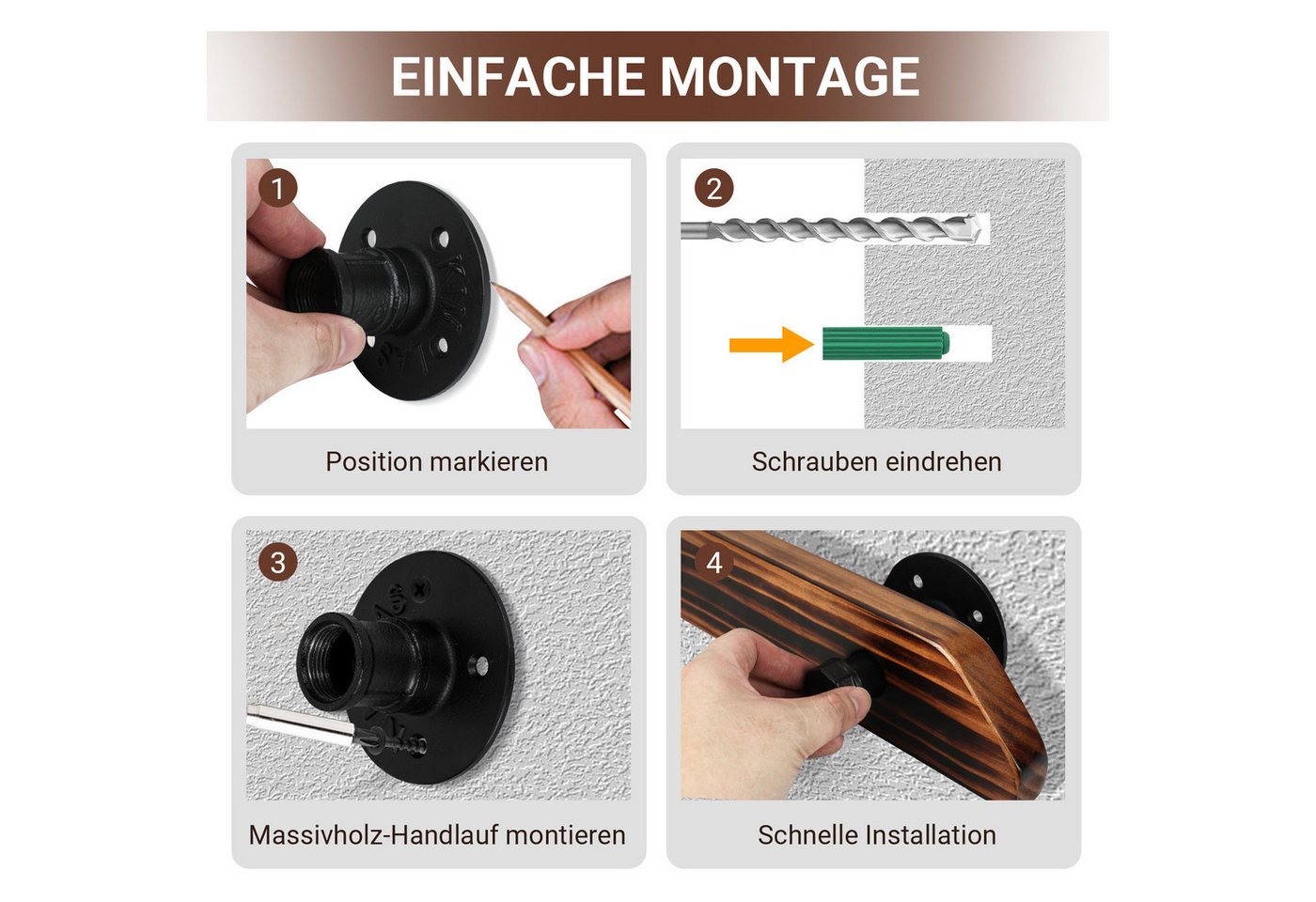 Clanmacy Handlauf Buche Handlauf 60cm Geländer mit 2 Halter Halterung verschiedene, 60 cm Gesamtlänge, (Wandhandlauf Wandhalterung Innen & Außen), Wandhandlauf Wandhalterung Innen & Außen