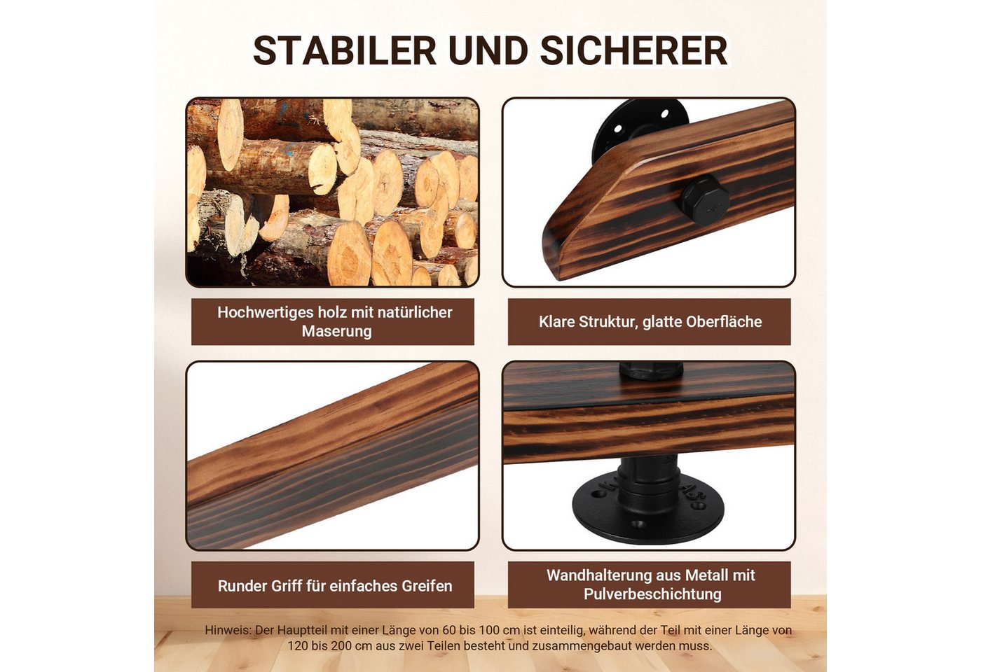 Clanmacy Handlauf Buche Handlauf 60cm Geländer mit 2 Halter Halterung verschiedene, 60 cm Gesamtlänge, (Wandhandlauf Wandhalterung Innen & Außen), Wandhandlauf Wandhalterung Innen & Außen Bild 2