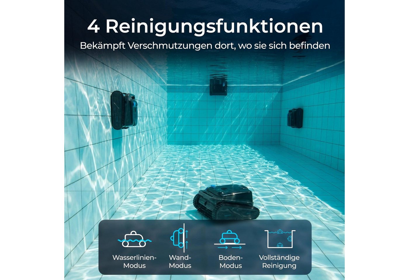 KLAMER Poolroboter Akku Kabellos, Wand & Boden, 150 Min, 200 m², Bluetooth App-Steuerun…, 4 Reinigungsmodi, Intelligente Navigation, Automatische Parkfunktion