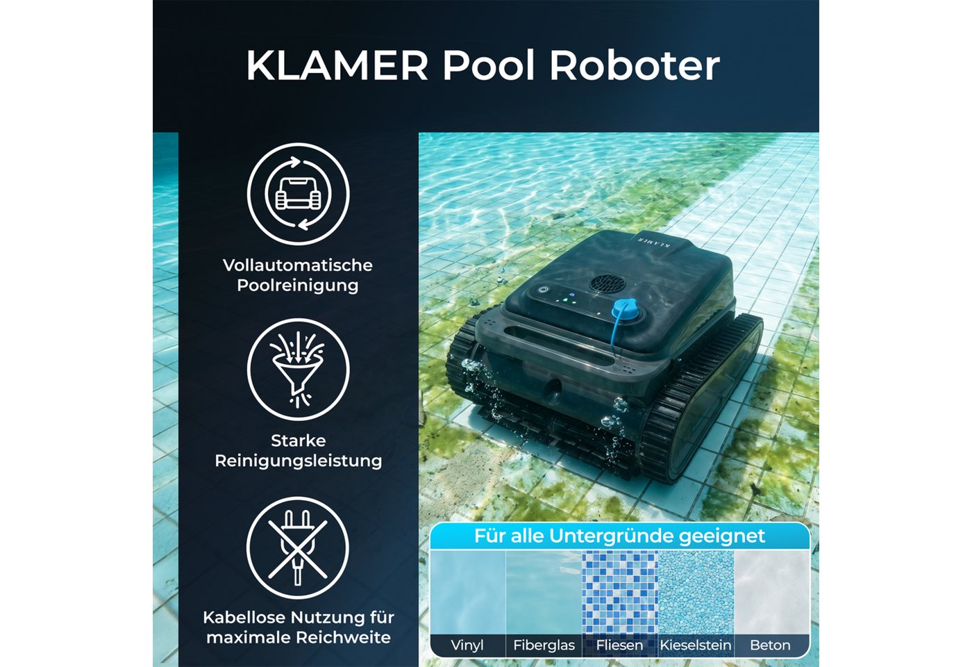 KLAMER Poolroboter Akku Kabellos, Wand & Boden, 150 Min, 200 m², Bluetooth App-Steuerun…, 4 Reinigungsmodi, Intelligente Navigation, Automatische Parkfunktion Bild 2