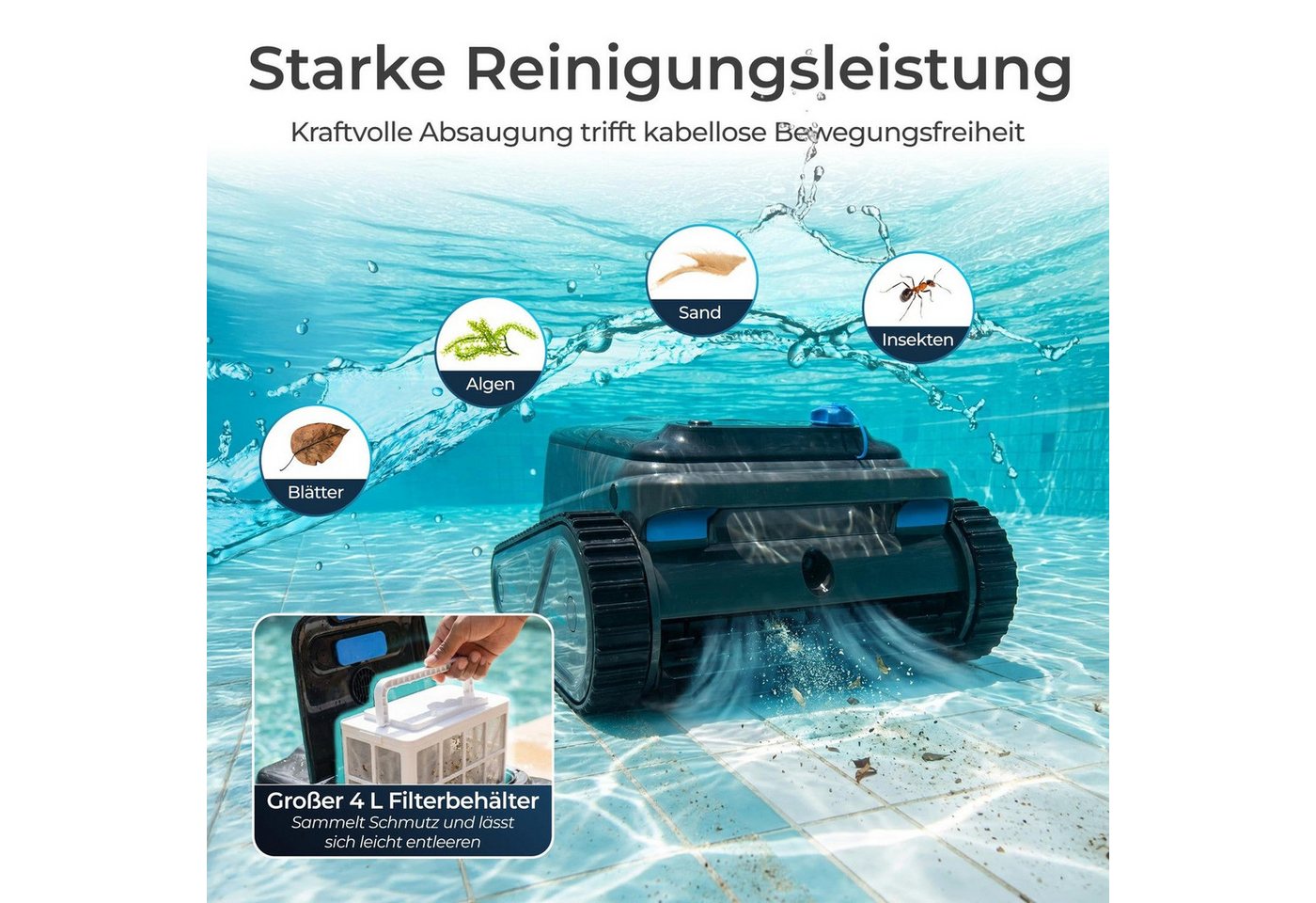 KLAMER Poolroboter Akku Kabellos, Wand & Boden, 150 Min, 200 m², Bluetooth App-Steuerun…, 4 Reinigungsmodi, Intelligente Navigation, Automatische Parkfunktion Bild 4