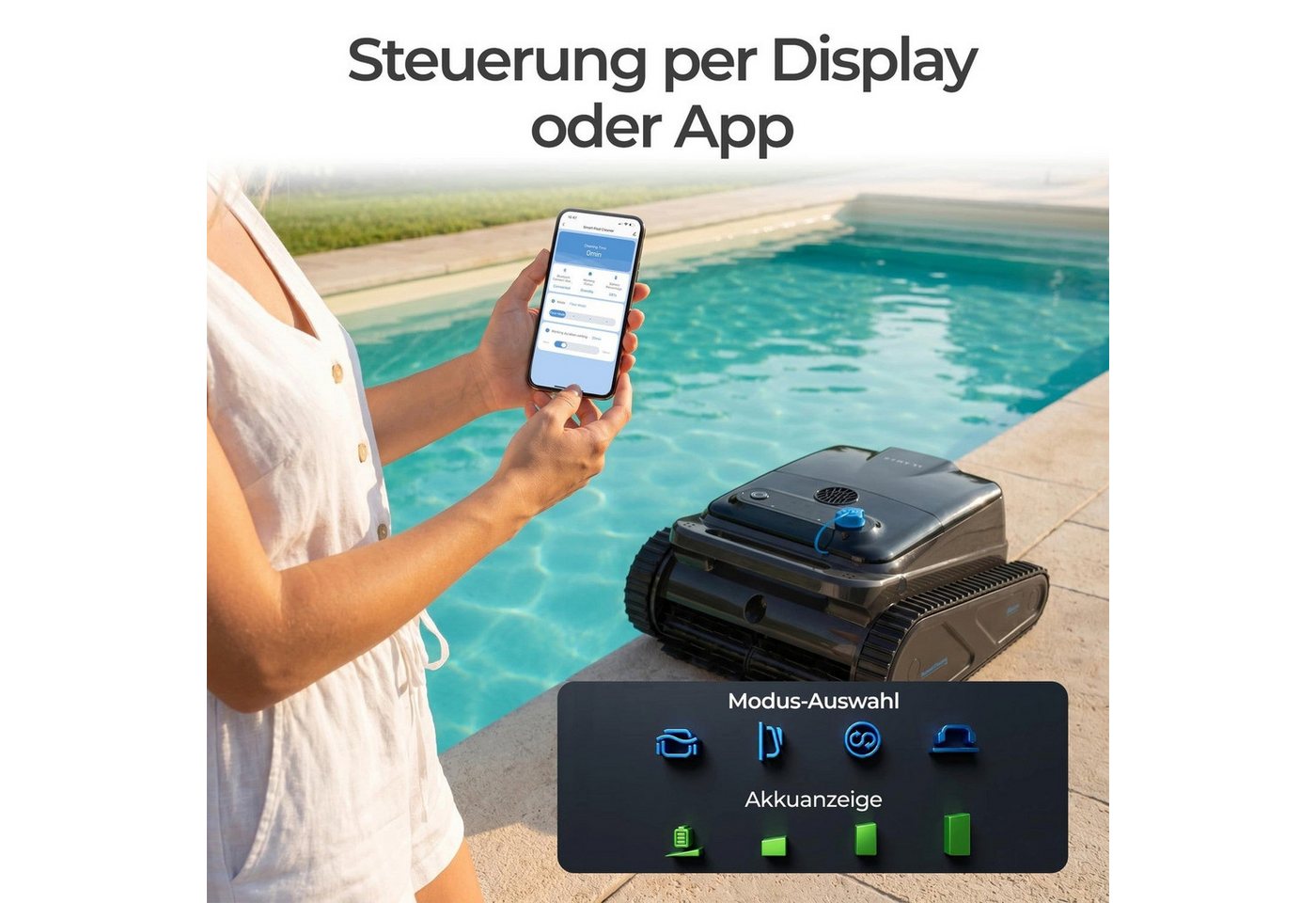KLAMER Poolroboter Akku Kabellos, Wand & Boden, 150 Min, 200 m², Bluetooth App-Steuerun…, 4 Reinigungsmodi, Intelligente Navigation, Automatische Parkfunktion Bild 5