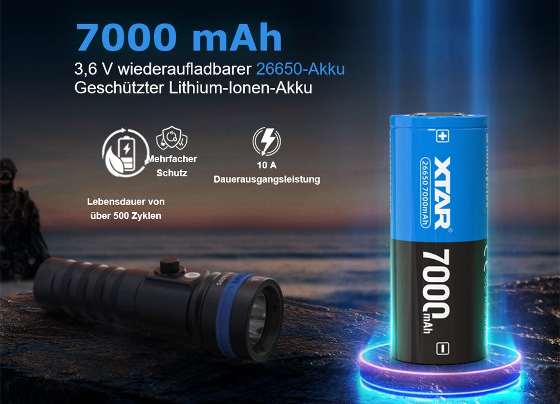 XTAR 26650 - 7000mAh, 3,6V - 3,7V Li-Ion-Akku PCB geschützt Max Power 10A Akku 7000 mAh (1 St)