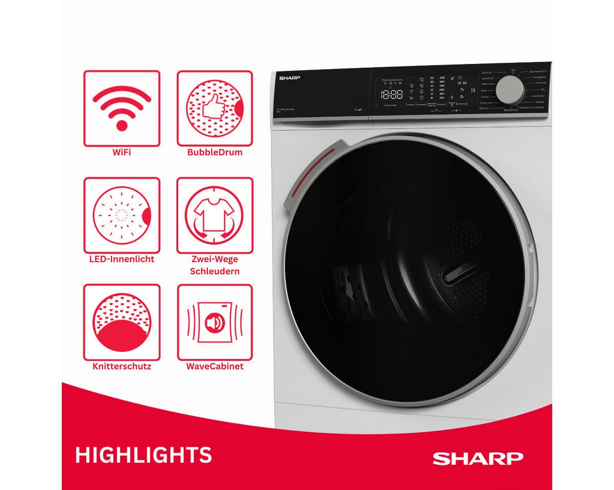 Sharp Wärmepumpentrockner KD-WNHL KD-WNHL8S9GWB-DE, WiFi, VeeZy App-Steuerung, BubbleDrum, Sensortrocknung, 15 Programme Bild 5