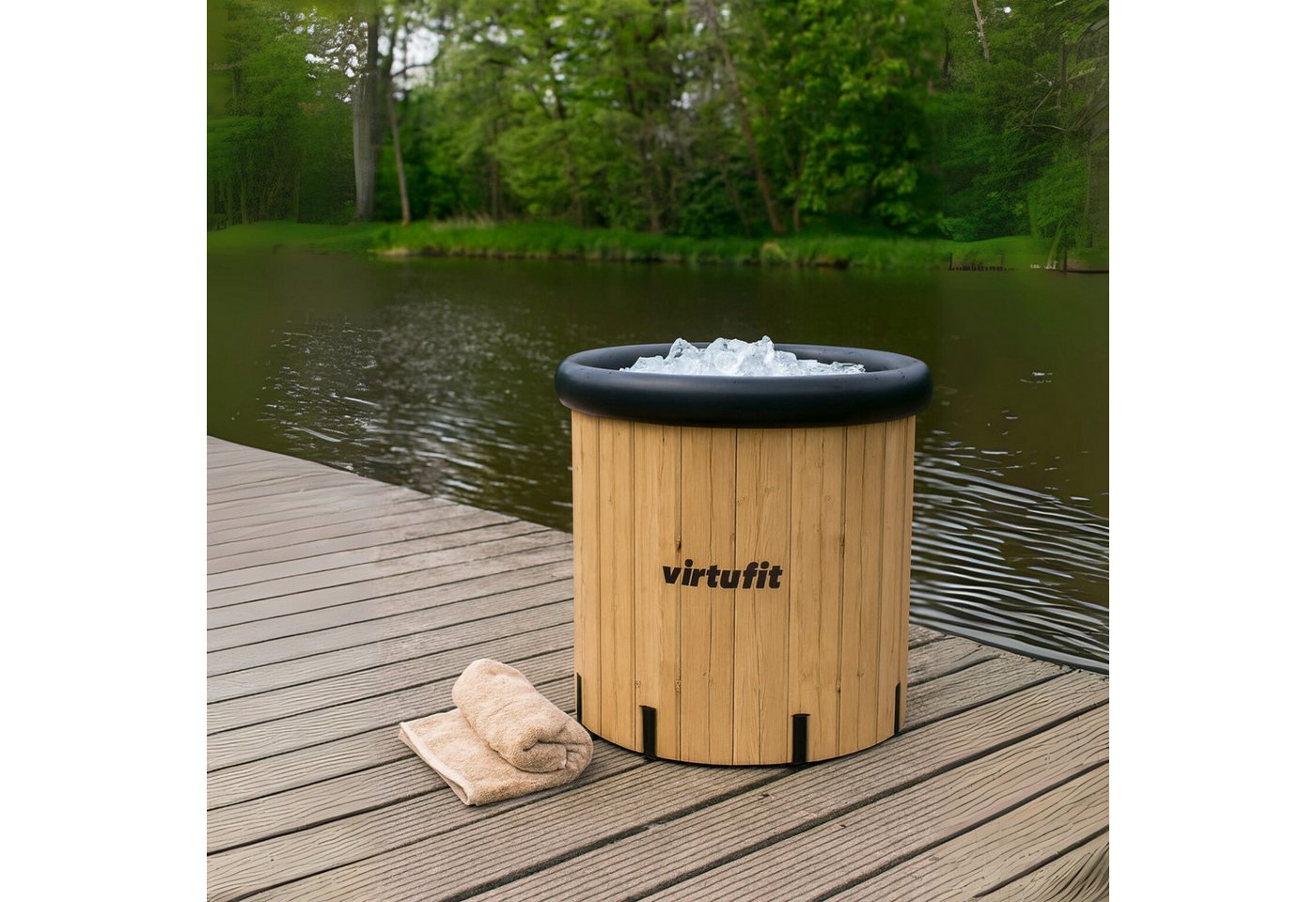 VirtuFit Badebottich VirtuFit Eisbad XXL 375 Liter Wood Look inkl. Zubehör 80x80x75 cm
