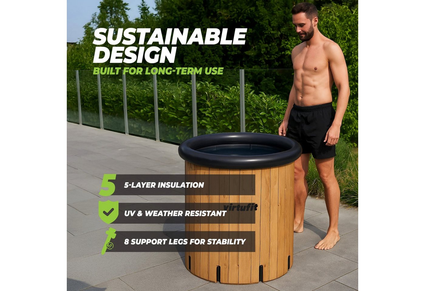 VirtuFit Badebottich VirtuFit Eisbad XXL 375 Liter Wood Look inkl. Zubehör 80x80x75 cm Bild 4